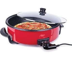 Royal Swiss® Poêle Électrique Multifonction 42 cm - 1500 W | Pizza, Paella, Grill, Crêpes | Antiadhésif | Couvercle Verre | Température Réglable | Nettoyage Facile. (Rouge, 42cm)