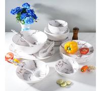 Royal Swiss Service de table en mélamine 34 pièces pour 6 personnes - Léger, incassable et passe au lave-vaisselle - Assiettes, bols, gobelets et bols de service - Idéal pour la maison, le jardin et