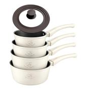 Royal Swiss® Set de casseroles 5 pièces avec poignée amovible - 14/16/18/20 cm + couvercle en verre universel - Induction tous feux - Empilable, gain de place (Beige, 5 pcs)