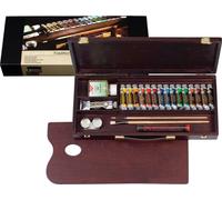 Rembrandt Professional Oil Paint Set in Luxury Wooden Box Traditional | 16 Colours + Brushes & Accessories