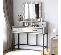 RoyalCraft Grande Coiffeuse avec lumières et Miroir Hollywood éclairé, 3 Couleurs, à intensité Variable, Gris avec 4 tiroirs, Grande Coiffeuse pour Femmes et Filles