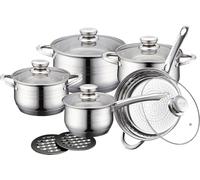 ROYALTY LINE, Ensemble de 12 pièces, Batterie de Cuisine en acier inoxydable, comprenant poêle et casseroles avec couvercles en verre, compatible tous feux, 24 cm, Argent