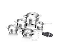 ROYALTY LINE, Ensemble de 12 pièces, Batterie de Cuisine en acier inoxydable, comprenant poêle et casseroles avec couvercles en verre, compatible tous feux, 24 cm, Argent