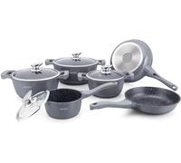 ROYALTY LINE, Ensemble de 13 pièces, Batterie de Cuisine en aluminium moulé, revêtement marbré, avec poignées en silicone amovibles, compatible tous feux, taille variée, Couleur Gris