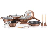 ROYALTY LINE, Ensemble de 13 pièces, Batterie de Cuisine en aluminium moulé, revêtement marbré, avec poignées en silicone amovibles, compatible tous feux, Couleur Bronze
