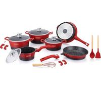 ROYALTY LINE, Ensemble de 17 pièces, Batterie de Cuisine en aluminium moulé sous pression, revêtement marbré, avec poignées en silicone, 24-28 cm, Rouge