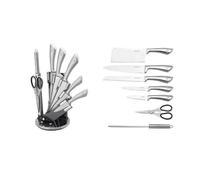 ROYALTY LINE, RLKSS600, Bloc à Couteaux 8 Pièces avec Support Éventail, Ciseaux, Couteaux en Acier Inoxydable, Poignées Antidérapantes, Aiguisoir Inclus - Argenté - Taille Standard