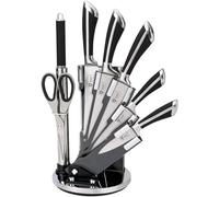ROYALTY LINE, RLKSS700, Bloc à Couteaux 8 Pièces avec Support Éventail, Ciseaux, Couteaux en Acier Inoxydable, Poignées Antidérapantes, Aiguisoir Inclus - Noir - Taille Standard
