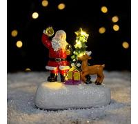 Royaya Figurine Père Noël avec arbre enneigé lumineux, résine peinte à la main, scène de Noël avec cerf et cadeaux, décoration d’hiver animée mini statue lumineuse X-mas pour décoration de table intér