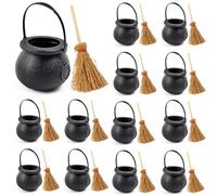 ROYHOO Lot de 24 mini chaudron en plastique avec mini balais de sorcière, marmite de sorcière, cubes noirs avec poignée pour enfants, Halloween, bonbons, pièces de la Saint-Patrick et souvenirs de
