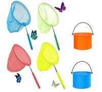 Roysmart Lot de 4 épuisettes télescopiques pour enfants - Filet papillon + 2 seaux pliables - Épuisette télescopique - Filet de pêche pour activités de jardin en plein air
