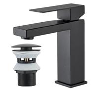 Rozin Robinet mitigeur de lavabo avec bonde de vidage pop-up pour salle de bain - Robinet d'évier carré à levier unique - Noir - Avec tuyaux G1/2" - Levier simple - Installation facile