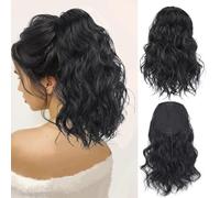 RPAEOY 35 cm Perruque Femme Naturelle Postiche Queue de Cheval Perruque à Queue Cheval Courte Drawstring Wave IdéAl pour un Usage Quotidien pour Les FêTes(Noir)