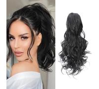 RPAEOY 45 cm Perruque Femme Naturelle Queue de Cheval Postiche Extension Cheveux Naturel Ondulé Bouclés Longue Synthétiques Griffe Claw on Ponytail(Noir)
