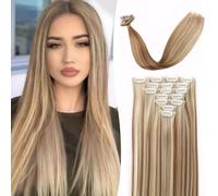 RPAEOY 7 Pièces Perruque Femme 22 Pouce Naturel Clip in Synthetic Hair Extensions avec 16 Clips Naturels Lisse Extensions à Clips pour Fêtes et Jeux de Rôle(Blond)