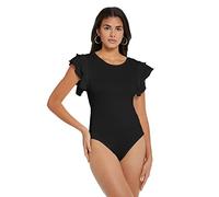 RPAEOY Body Femme Double Volants Manches Courtes Bodysuit Col Ras Du Cou Elegant Chic Été Shirt Justaucorps Top pour Soirée Fête De Vacances Club Noir S