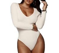 RPAEOY Body Femme Manches Longues Col Fond V Stretch Jersey Bodysuit Jumpsuit Élégante Combinaison Sexy Slim Couleur Unie Casual Combishort Basique (Blanc/XL)
