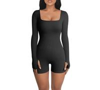 RPAEOY Combinaison Femme de Sport Manches Longues Col Carré Moulante Côtelé Une Pièce Chic Décontracté Jumpsuit Bodycon en Tricot Fitness Yoga Club Gym Bodysuit (Noir,M)