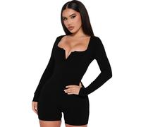 RPAEOY Combinaison Femme de Sport Manches Longues Col en V Moulante Côtelé Une Pièce Chic Décontracté Jumpsuit Bodycon en Tricot Fitness Yoga Club Gym Bodysuit (Noir,S)