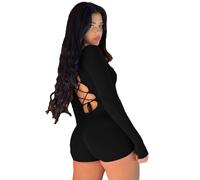 RPAEOY Combinaison Femme de Sport Manches Longues Cordon de Serrage Col Rond sans Dos Moulante Une Pièce Chic Décontracté Jumpsuit Bodycon en Tricot Fitness Yoga Club Gym Bodysuit (Noir,S)