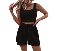RPAEOY Ensemble Femme Côtes Été Débardeur Sans Manches Crop Top et Short 2 Pièces Ete Tenue Décontracté Survetement de Jogging Sport Fitness Gym Outfit Noir XL