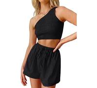 RPAEOY Ensemble Femme Elegant Une Épaule Étirer Plier Haut Crop Top et Short Taille Haute 2 Pièces Chic Vetement Casual Ete Tenue pour Plage Sortir Vacances Noir L