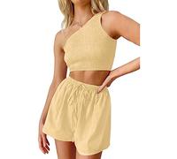 RPAEOY Ensemble Femme Elegant Une Épaule Étirer Plier Haut Crop Top et Short Taille Haute 2 Pièces Chic Vetement Casual Ete Tenue pour Plage Sortir Vacances Beige L