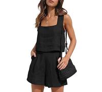 RPAEOY Ensemble Femme En Lin Chic et Elegant 2 Pièces Suit Sans Manches Col Carré Gilet Haut et Shorts Avec Poches Taille Haute Ete Décontracté Vetement Sport Tenue Noir S