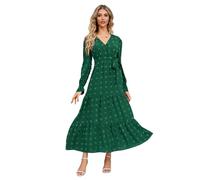 RPAEOY Femme Robe Manches Longues Casual Col en V Maxi Plissée Manches Lanterne Lâche Plaine Chic Élégante Décontractée Robes Automne et Hiver pour Fête Noël Mariage (Vert,L)