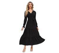 RPAEOY Femme Robe Manches Longues Casual Col en V Maxi Plissée Manches Lanterne Lâche Plaine Chic Élégante Décontractée Robes Automne et Hiver pour Fête Noël Mariage (Nero,L)