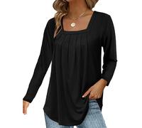 RPAEOY Femme Tunique à Manches Longues Col Carré Plissé T-Shirts Ample Chemisier Décontracté Automne Haut Chic et Élégant Blouse pour Leggings Noir L