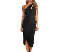 RPAEOY Femmes Robe Une épaule Cut Out Crayon Plissée Élégante Manches Courtes Midi Haut Bas Ourlet Robe de soirée Cocktail (Noir,L)