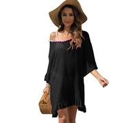 RPAEOY Pareo Femme Plage Tunique Bohème Pompons Cache Maillot de Bain Robe Été Beachwear Épaule Dénudée Volants Sarong Vacances Swimwear Couvrir
