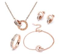 RPAEOY Parure Ensemble de Bijoux Femme Chiffres Romains Cercle Zircon Acier Inoxydable Plaqué Or Argent Boucles d'oreilles Bracelet Bague Collier Élégantes Mariage Soirée Cadeau (Or Rose)