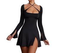 RPAEOY Robe de Cocktail Femme Manches Longues Bretelles Croisées Colletage Carré Dos Nu Plissée Ourlet Fendu Élégante Mini Chic Sexy Robe de Soirée Fête Dress de Ceremonie Mariage (Noir,M)