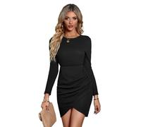 RPAEOY Robe de Cocktail Femme Manches Longues Col Rond Plissée Élégante Midi Chic Sexy Robe de Soirée Fête Dress de Ceremonie Mariage (Nero,M)