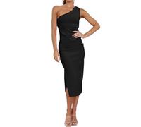 RPAEOY Robe de Cocktail Femme Une épaule Plissée Ourlet Fendu Élégante Midi Chic Sexy Robe de Soirée Fête Dress de Ceremonie Mariage (Noir,S)