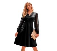 RPAEOY Robe Femme Col en V à Manches Longues Sexy Plissée Élégant Moulante Casual Chic Mini Bodycon Soirée Robes pour Party Cocktail Club (Noir/L)