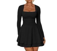 RPAEOY Robe Femme Élégant Longue Manches à Ourlet Volanté Plissée Col en Carrée Sexy Bodycon Courte Slim Fit Mini Robes pour Soirée Cocktail Party (XL)