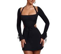 RPAEOY Robe Femme Elegant Longue Manches Robes Col en Carrée Sexy Slim Fit de Bal Rétro Chic Midi Robes pour Soirée Cocktail Club (Noir/XL)