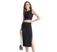 RPAEOY Robe Femme Ete sans Manches 2 Pieces Fendue Jupe et Haut Ensemble Femme Chic et Elegant Longues Skims Moulante Dress pour Clubbing Nuit Soirée Cocktail Noir L