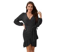 RPAEOY Robe Femme Manches Longues Col en V à Volants Robes Glitter Élégant Chic Bodycon Sexy Slim avec Ceinture de Soirée Party Cocktail (Noir/S)