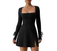 RPAEOY Robe Moulante Femme À Manches Longues Évasées Bodycon Fendue Robe Sexy Chic Et Glamour Flexible Y2k Dress pour Cocktail Soirée Fête Clubbin Noir S