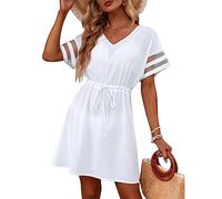 RPAEOY Robe Plage Femme Col V Tunique Beachwear Été Robes Ete Cordon Ajustable Jupe de Bain Légère Maillot de Plage Vacances Bohème Cache Maillot Vetement Bord de Mer