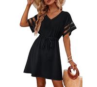 RPAEOY Robe Plage Femme Col V Tunique Beachwear Été Robes Ete Cordon Ajustable Jupe de Bain Légère Maillot de Plage Vacances Bohème Cache Maillot Vetement Bord de Mer