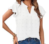 RPAEOY Tshirt Femme à Manches Courtes Col V Texture Brodée Tshirt Haut Décontracté Volants Élégant Top Casual Coton Été Printemps