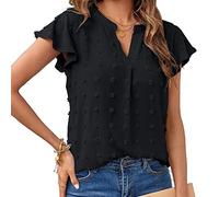RPAEOY Tshirt Femme à Manches Courtes Col V Texture Brodée Tshirt Haut Décontracté Volants Élégant Top Casual Coton Été Printemps