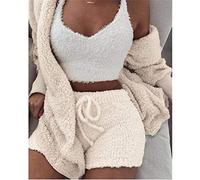 RPixc Pyjama Femme Hiver，Polaire Pyjama 3 Pcs Filles Corail Velours Pyjamas Ensemble Printemps Automne Hiver Pyjamas Ensemble Chemise De Nuit Hauts Shorts Manteau Costume Homewear, Rose, Petit