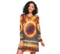 RPLIFE Basketball on Fire Chemise de nuit à manches longues pour femme, robe de nuit confortable à col rond, chemises de nuit douces pour femmes, Basketball on Fire, L