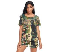RPLIFE Black Cat Water Lilies Vêtements de nuit pour femme Short de pyjama doux, Nénuphars pour chat noir, XL